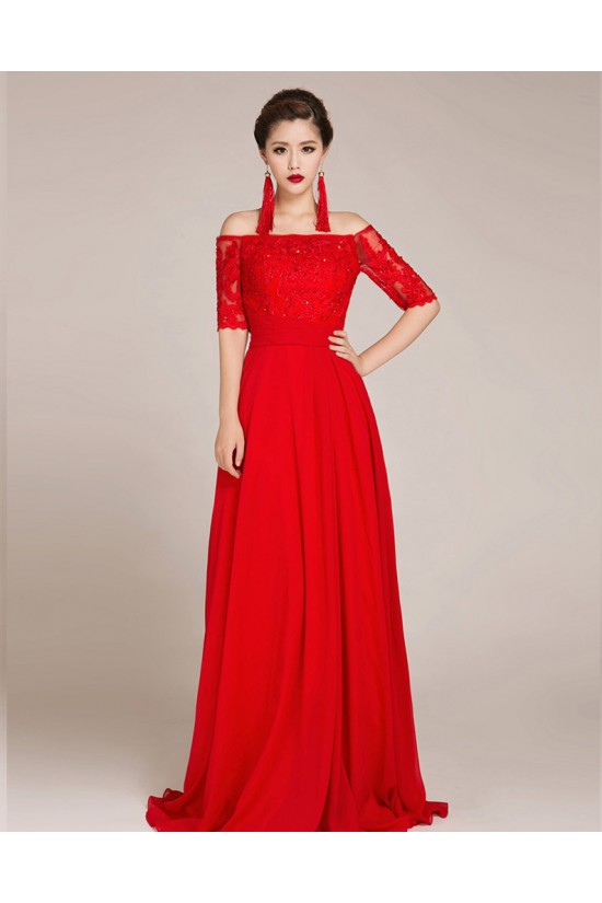 A-Line Off-the-Shoulder Half Sleeve Beaded Applique Long Red Chiffon Prom Evening Formal Dresses ED011239