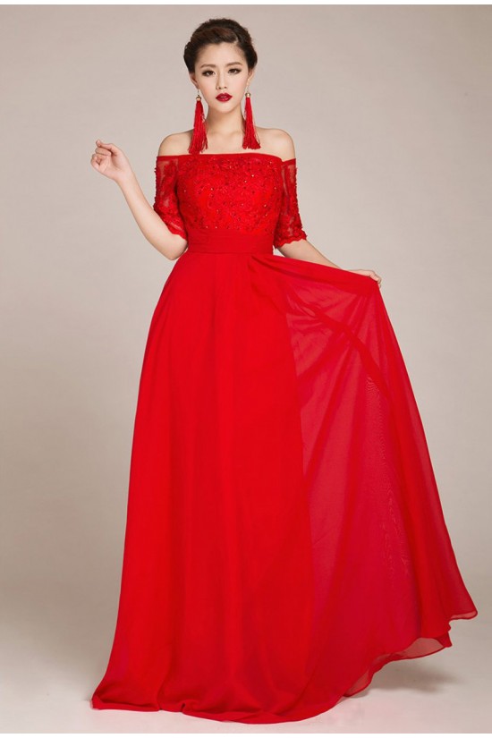 A-Line Off-the-Shoulder Half Sleeve Beaded Applique Long Red Chiffon Prom Evening Formal Dresses ED011239