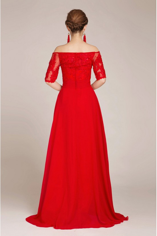 A-Line Off-the-Shoulder Half Sleeve Beaded Applique Long Red Chiffon Prom Evening Formal Dresses ED011239