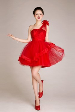 A-Line One-Shoulder Short Red Tulle Prom Evening Cocktail Dresses ED011240