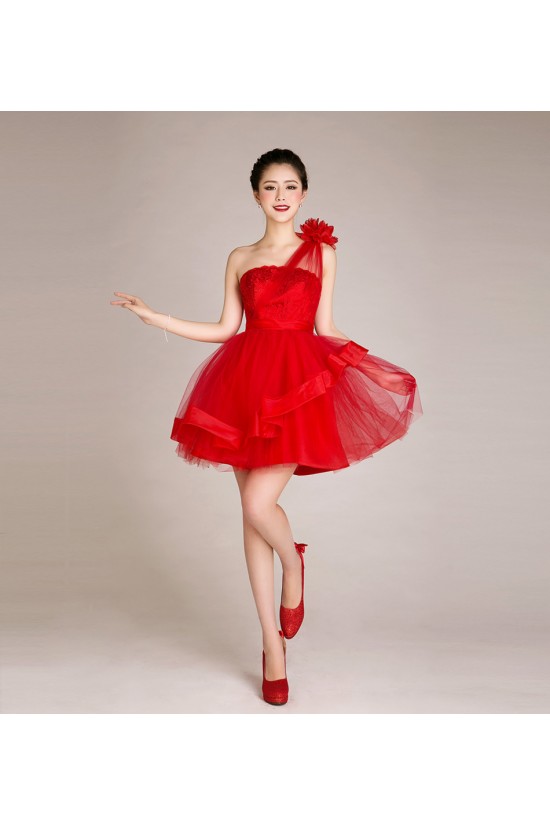 A-Line One-Shoulder Short Red Tulle Prom Evening Cocktail Dresses ED011240