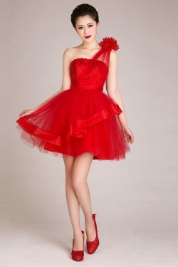 A-Line One-Shoulder Short Red Tulle Prom Evening Cocktail Dresses ED011240