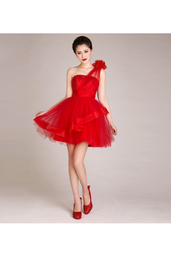 A-Line One-Shoulder Short Red Tulle Prom Evening Cocktail Dresses ED011240