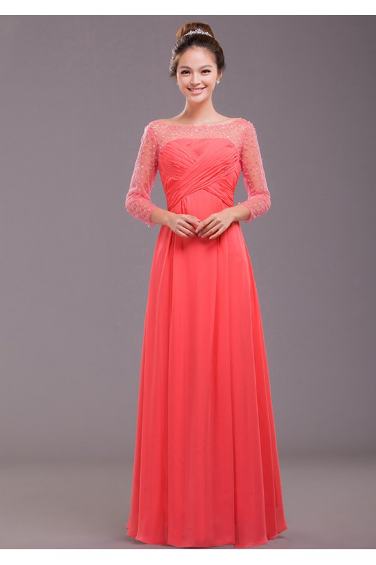 A-Line 3/4 Sleeve Beaded Long Chiffon Prom Evening Formal Dresses ED011244