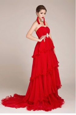A-Line Strapless Beaded Long Red Chiffon Prom Evening Formal Dresses ED011245