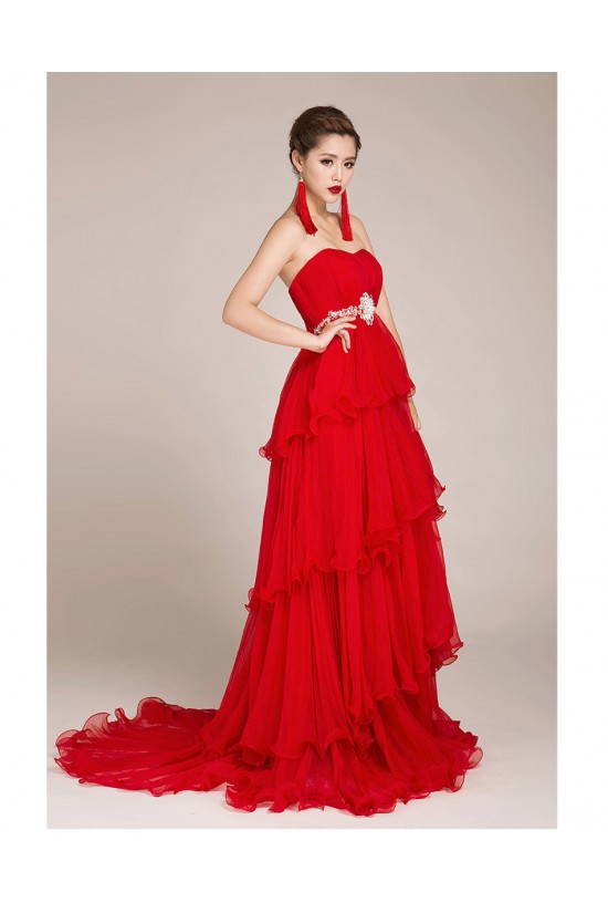 A-Line Strapless Beaded Long Red Chiffon Prom Evening Formal Dresses ED011245