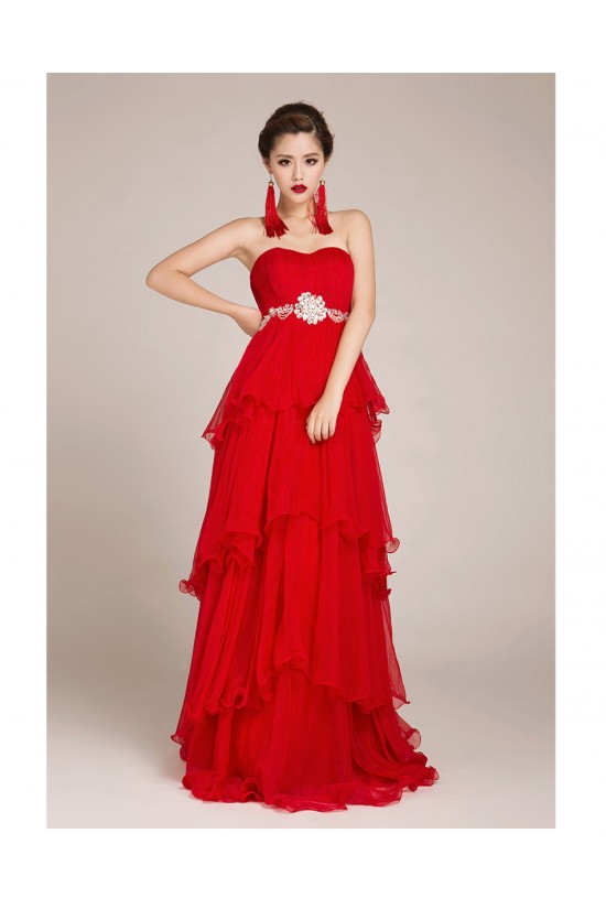 A-Line Strapless Beaded Long Red Chiffon Prom Evening Formal Dresses ED011245