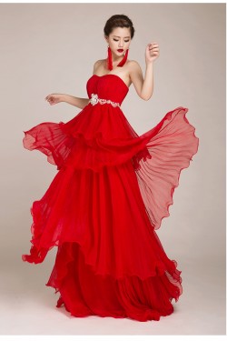 A-Line Strapless Beaded Long Red Chiffon Prom Evening Formal Dresses ED011245