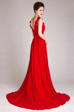 A-Line Beaded Long Red Chiffon Prom Evening Formal Dresses ED011247