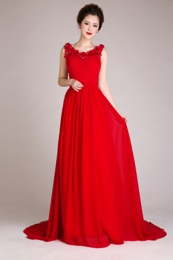 A-Line Beaded Long Red Chiffon Prom Evening Formal Dresses ED011247