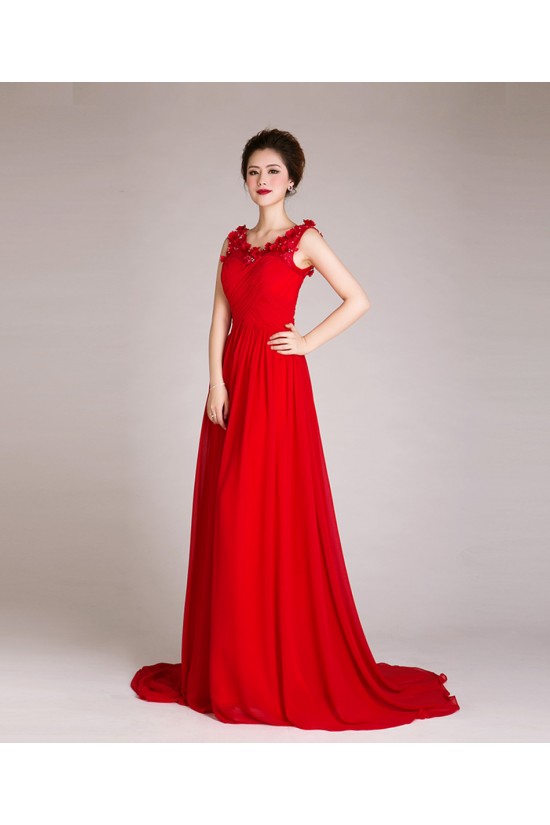 A-Line Beaded Long Red Chiffon Prom Evening Formal Dresses ED011247