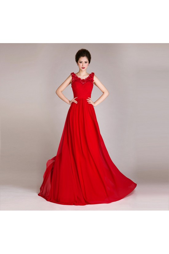 A-Line Beaded Long Red Chiffon Prom Evening Formal Dresses ED011247