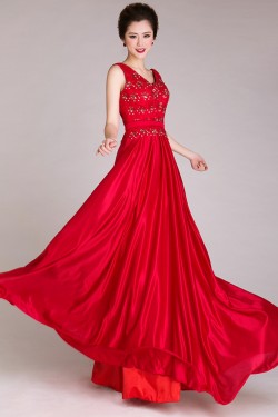 A-Line V-Neck Beaded Long Red Prom Evening Formal Dresses ED011248