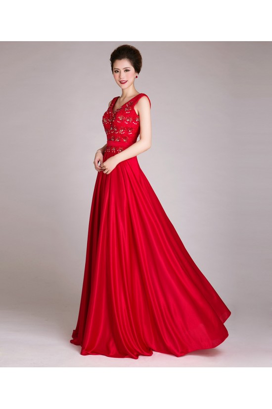 A-Line V-Neck Beaded Long Red Prom Evening Formal Dresses ED011248