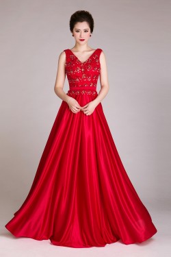 A-Line V-Neck Beaded Long Red Prom Evening Formal Dresses ED011248