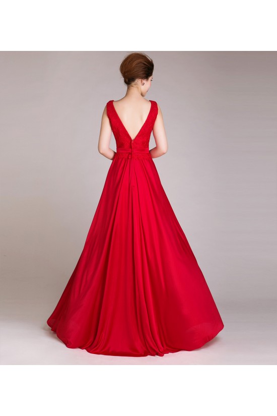 A-Line V-Neck Beaded Long Red Prom Evening Formal Dresses ED011248