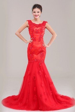 Trumpet/Mermaid Beaded Applique Long Red Prom Evening Formal Dresses ED011249