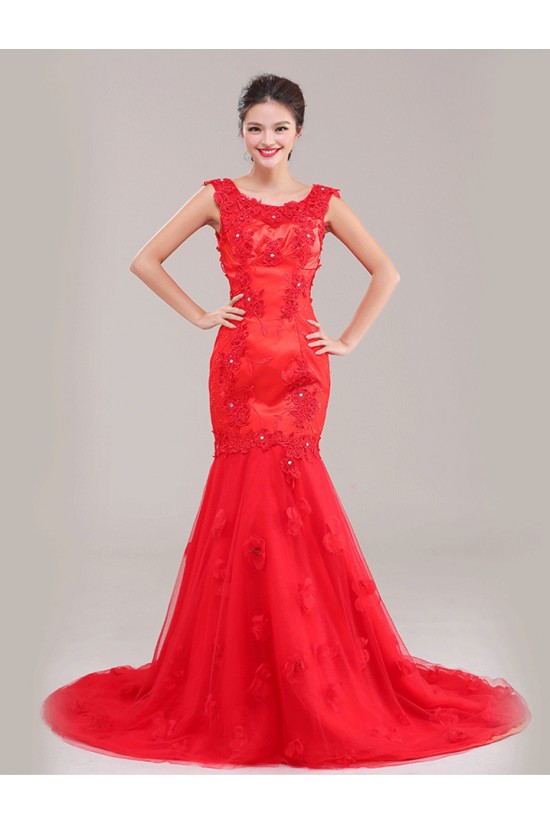 Trumpet/Mermaid Beaded Applique Long Red Prom Evening Formal Dresses ED011249