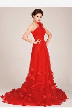 A-Line One-Shoulder Long Red Tulle Prom Evening Formal Dresses ED011250