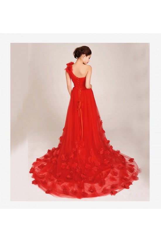 A-Line One-Shoulder Long Red Tulle Prom Evening Formal Dresses ED011250
