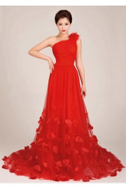A-Line One-Shoulder Long Red Tulle Prom Evening Formal Dresses ED011250
