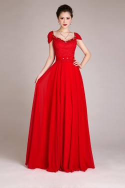 A-Line Cap-Sleeve Beaded Long Red Chiffon Prom Evening Formal Dresses ED011252