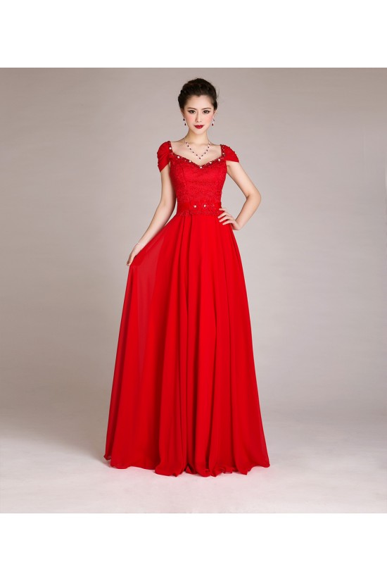 A-Line Cap-Sleeve Beaded Long Red Chiffon Prom Evening Formal Dresses ED011252