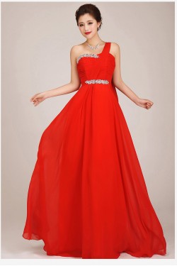 A-Line One-Shoulder Beaded Long Red Chiffon Prom Evening Formal Dresses ED011253