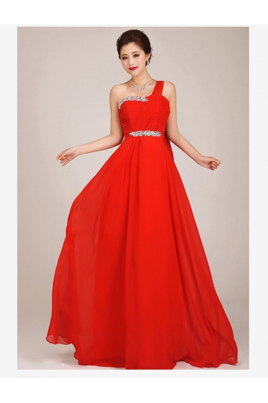 A-Line One-Shoulder Beaded Long Red Chiffon Prom Evening Formal Dresses ED011253