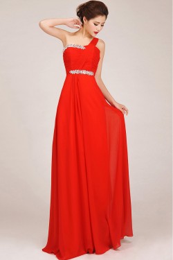 A-Line One-Shoulder Beaded Long Red Chiffon Prom Evening Formal Dresses ED011253
