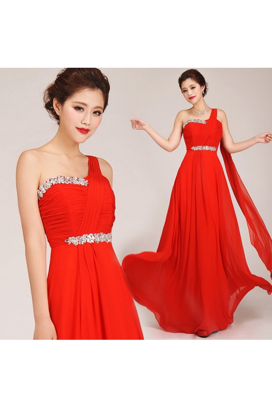 A-Line One-Shoulder Beaded Long Red Chiffon Prom Evening Formal Dresses ED011253