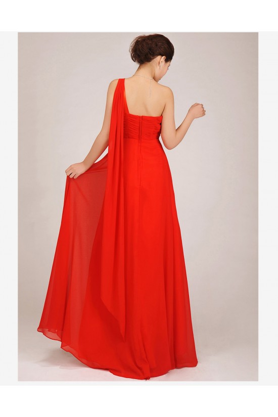 A-Line One-Shoulder Beaded Long Red Chiffon Prom Evening Formal Dresses ED011253