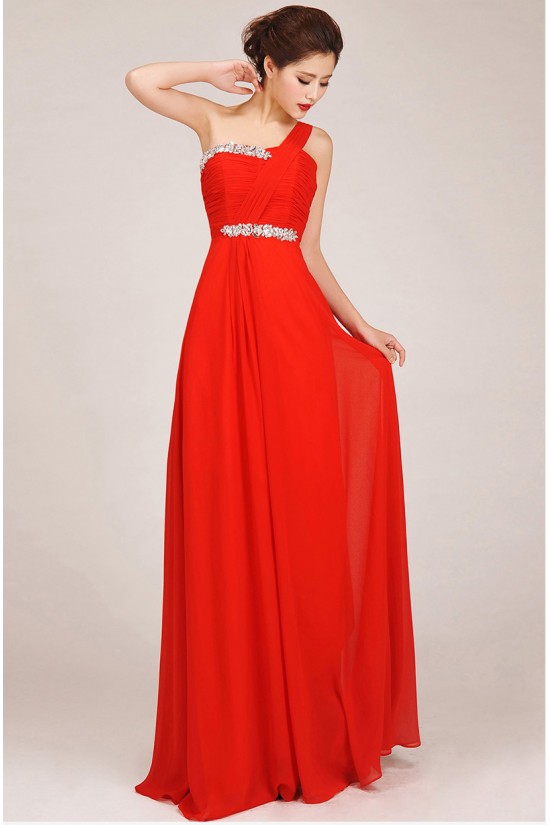 A-Line One-Shoulder Beaded Long Red Chiffon Prom Evening Formal Dresses ED011253