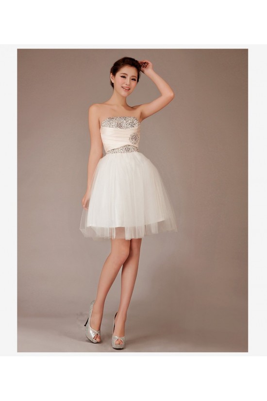 A-Line Strapless Beaded Short Tulle Prom Evening Formal Dresses ED011254
