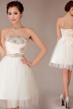 A-Line Strapless Beaded Short Tulle Prom Evening Formal Dresses ED011254