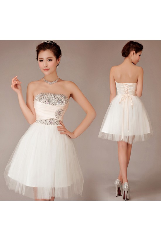 A-Line Strapless Beaded Short Tulle Prom Evening Formal Dresses ED011254