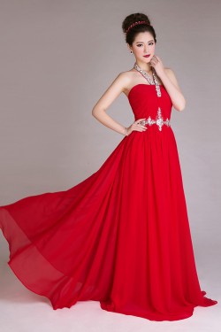 A-Line Halter Beaded Long Red Chiffon Prom Evening Formal Dresses ED011256