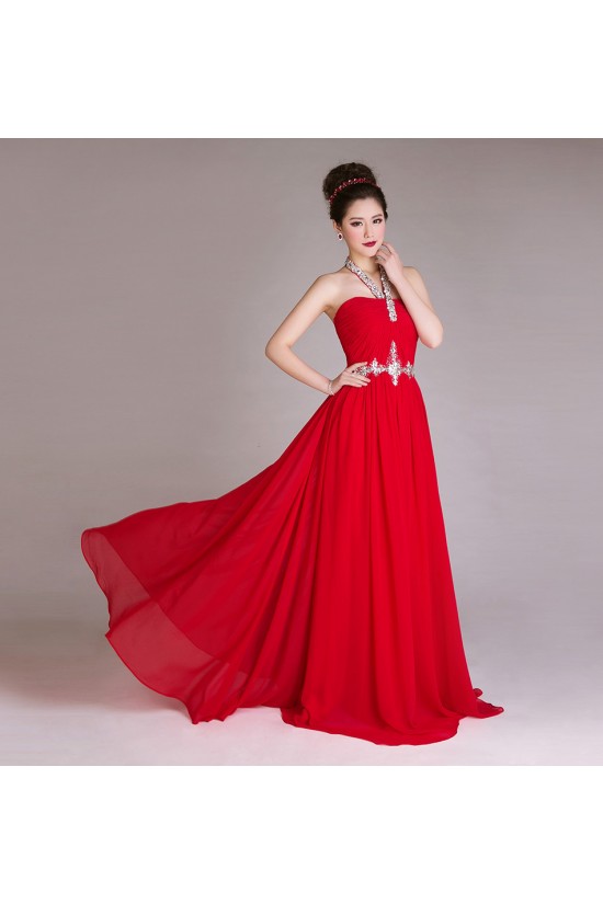 A-Line Halter Beaded Long Red Chiffon Prom Evening Formal Dresses ED011256