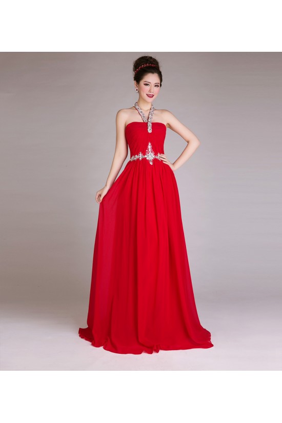 A-Line Halter Beaded Long Red Chiffon Prom Evening Formal Dresses ED011256
