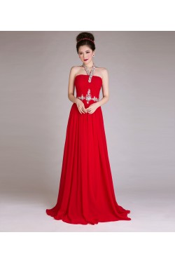 A-Line Halter Beaded Long Red Chiffon Prom Evening Formal Dresses ED011256