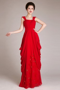 Sheath/Column Straps Sleeveless Long Red Chiffon Prom Evening Formal Dresses ED011257