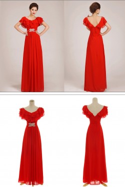 A-Line Beaded Long Red Chiffon Prom Evening Formal Dresses ED011258
