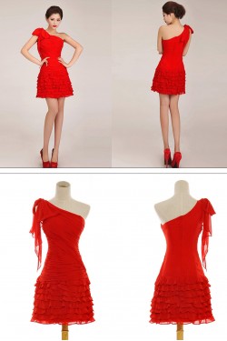 One-Shoulder Short Red Chiffon Prom Evening Formal Dresses ED011261