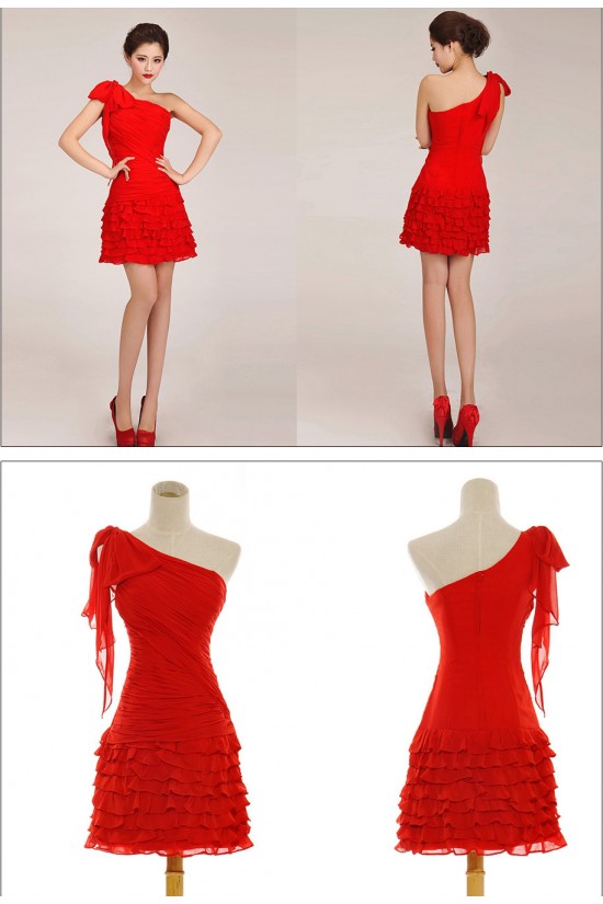 One-Shoulder Short Red Chiffon Prom Evening Formal Dresses ED011261