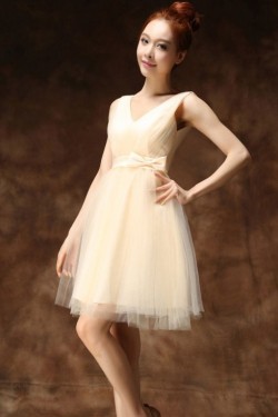 A-Line V-Neck Short Tulle Prom Evening Bridesmaid Dresses ED011264