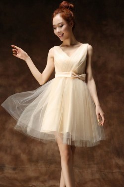 A-Line V-Neck Short Tulle Prom Evening Bridesmaid Dresses ED011264
