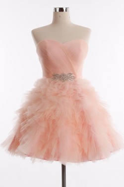 A-Line Sweetheart Beaded Short Pink Tulle Prom Evening Formal Dresses ED011270