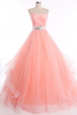 A-Line Sweetheart Beaded Long Pink Tulle Prom Evening Formal Dresses ED011271