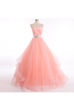 A-Line Sweetheart Beaded Long Pink Tulle Prom Evening Formal Dresses ED011271