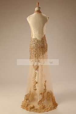 High-Neck Gold Beaded Long Prom Evening Formal Dresses ED011277